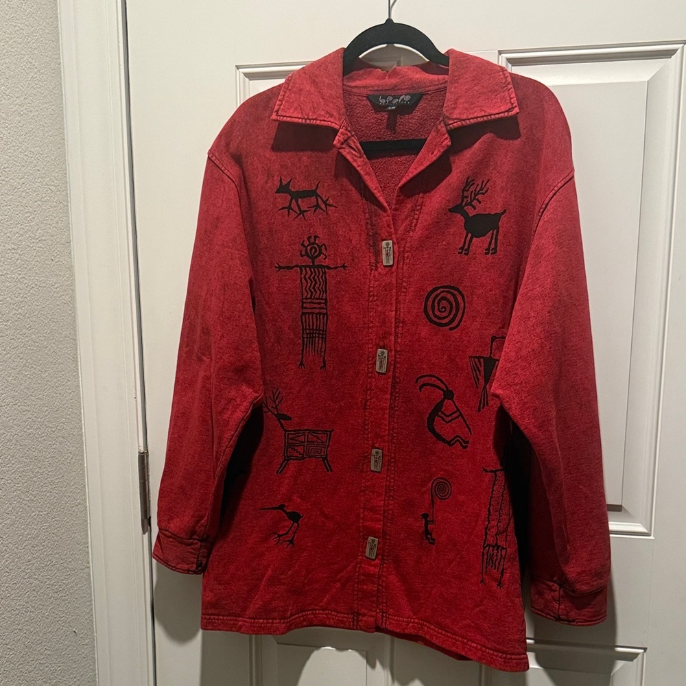 Vintage Red Button-Up Jean Jacket with Graphic Motifs